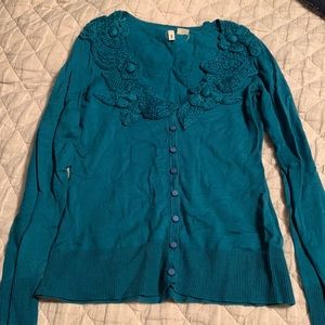 Teal cardigan from Anthropologie, XS, never worn, Moth brand, crocheted detail